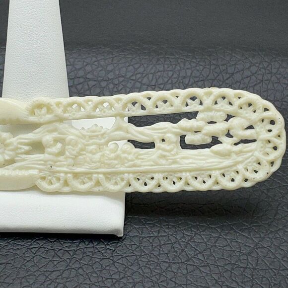 Vintage Celluloid Carved Plastic Letter Opener Asian Village Scene Floral Cream - Picture 3 of 11